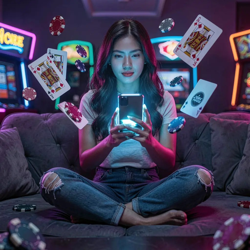 Philippine player enjoying the PHL77 casino app as colorful chips and cards float around her in a vibrant mobile gaming scene