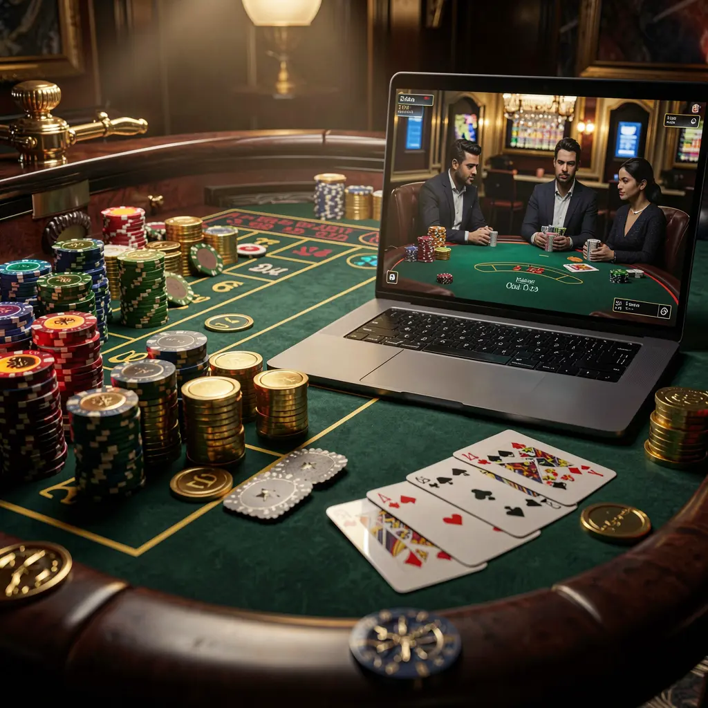 Elegant live roulette setup with a laptop displaying the PHL77 casino platform and scattered gold coins symbolizing real money gaming excitement in the Philippines