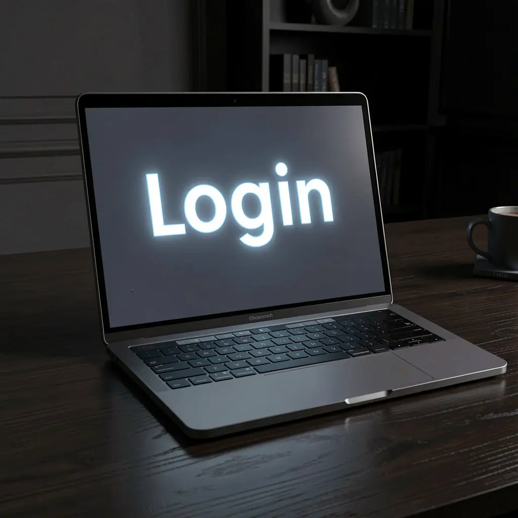 Close up of a laptop on a dark desk showing the PHL77 login screen with a glowing interface for secure access in the Philippines