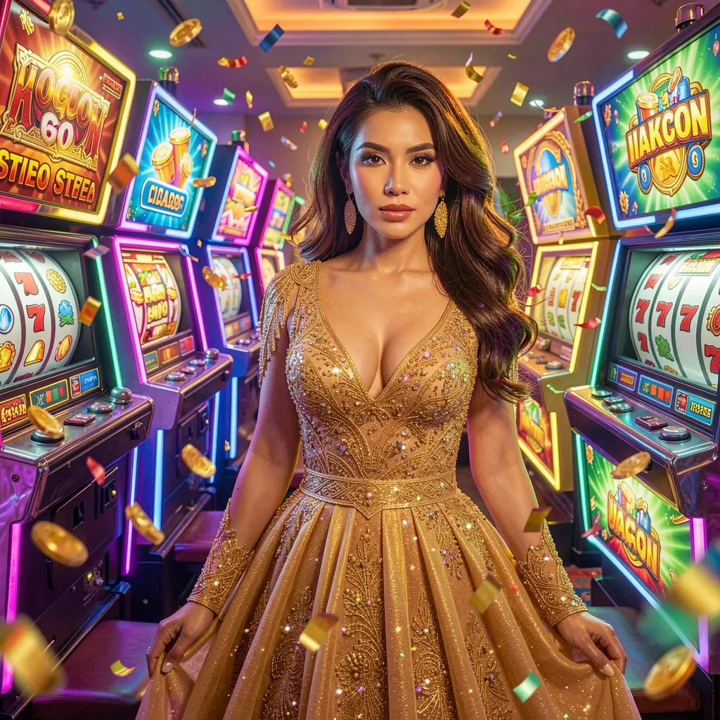 A glamorous woman in a sparkling gold dress standing among vibrant slot machines symbolizing luxury entertainment and jackpot excitement at PHL77 casino in the Philippines